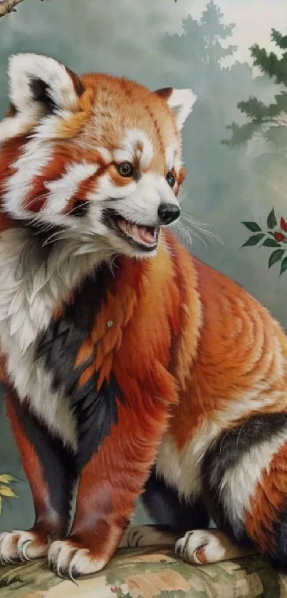 Lifelike red panda artwork in a forest setting.