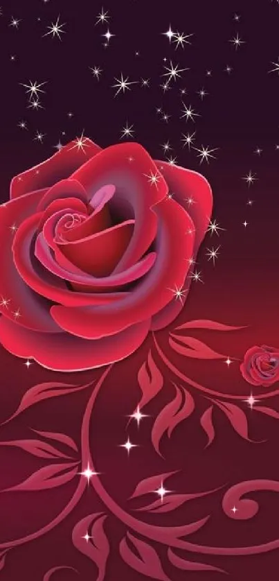 Artistic red rose with sparkling stars on dark background wallpaper.