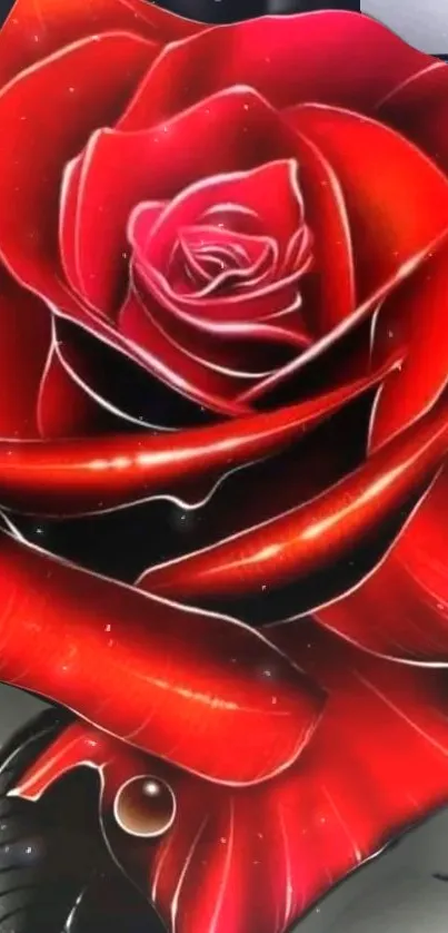 Artistic wallpaper featuring a vibrant red rose with intricate details.