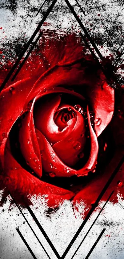 Elegant red rose with artistic design on phone wallpaper.