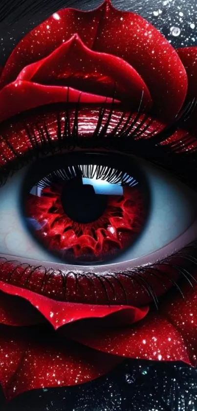 Red rose eye art blending fantasy and nature.