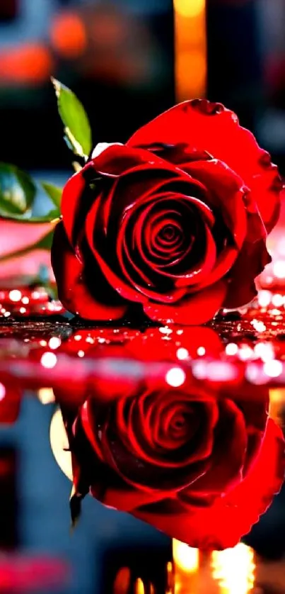 Beautiful red rose with reflection on a glossy surface, highlighted by vibrant colors.
