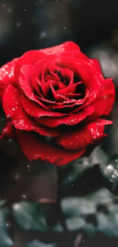 Beautiful red rose with raindrops on petals.