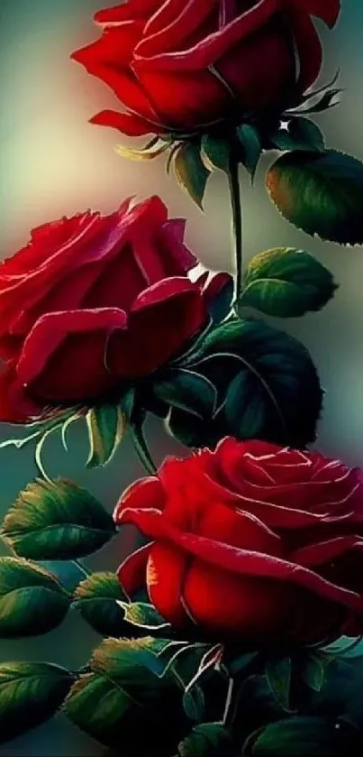 Vibrant mobile wallpaper featuring red roses with lush green leaves.