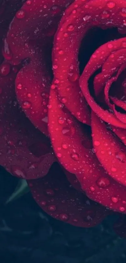 Close-up of a red rose with dewdrops on a dark background.