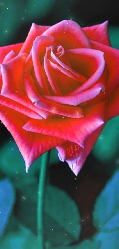 Vibrant red rose with green leaves on a dark background.