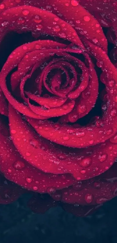 Vibrant red rose with dew on petals against a dark background.