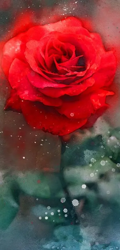 Watercolor red rose with artistic background, vibrant and elegant design.