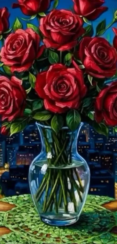 Bouquet of red roses in vase with night city view.