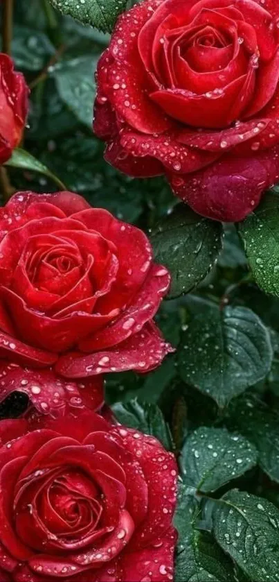 Close-up of vibrant red roses with dew drops.