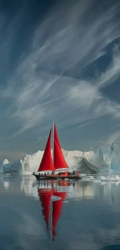 Red sailboat on calm water with icebergs under a dramatic sky.