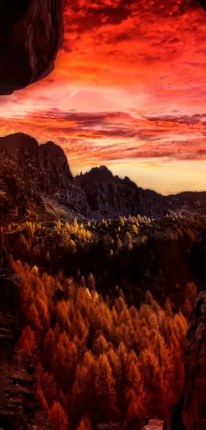 Breathtaking red sky over serene landscape with mountains.