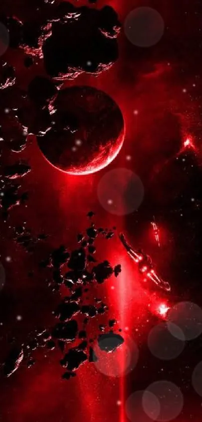 Red space scene with planets and asteroids in glowing light.