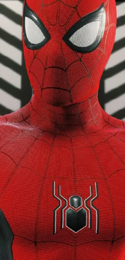 Red superhero with web design on suit, iconic mobile wallpaper.