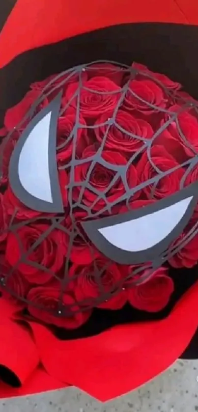 Red rose Spiderman mask on black background.