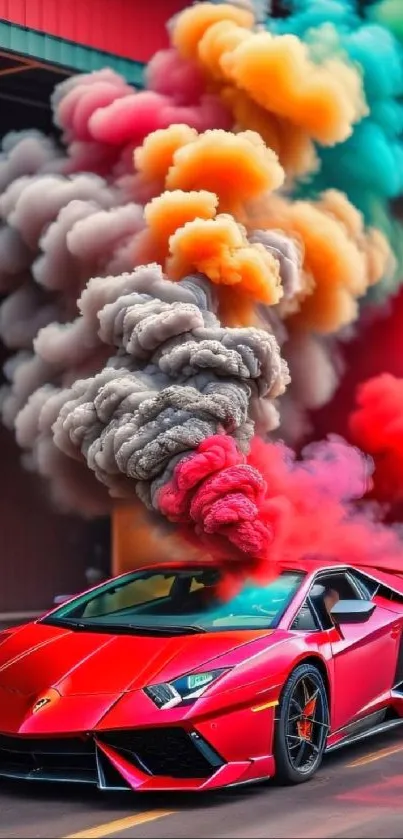 Red sports car with colorful smoke background.