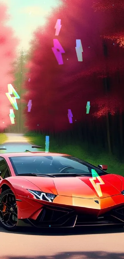 Red sports car on forest road wallpaper with autumn leaves.
