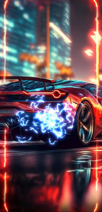 Red sports car in city lights at night, sleek and dynamic.