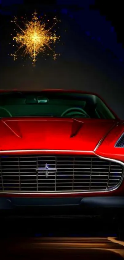 Red sports car with fireworks above.