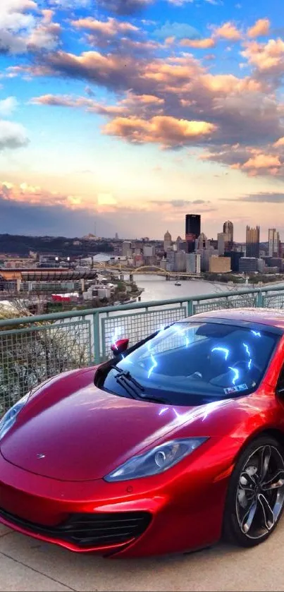 Red sports car with city skyline at sunset in vibrant colors.