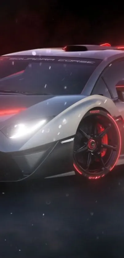 Sleek red sports car with dynamic lighting and rain effects.