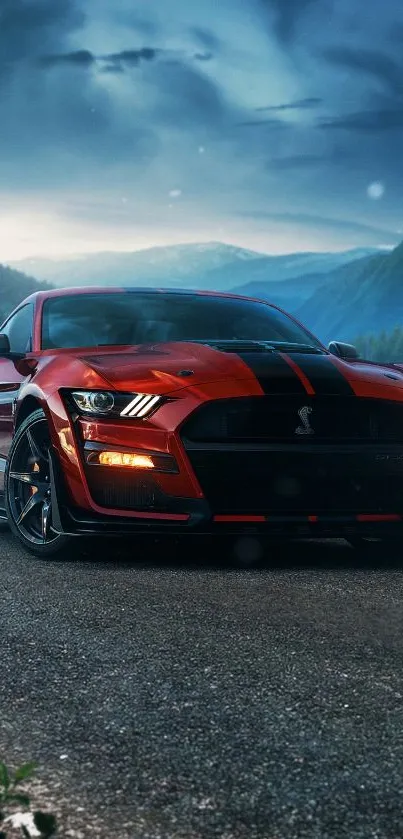 A stunning red sports car with a mountain backdrop under a dramatic sky.