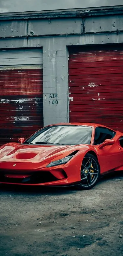 Red sports car parked in front of worn red garage doors.