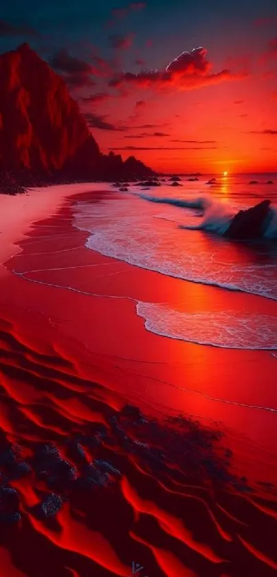 Vibrant crimson sunset over ocean waves with rocky shoreline.