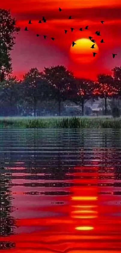 Red sunset over lake with silhouetted trees and vibrant sky.