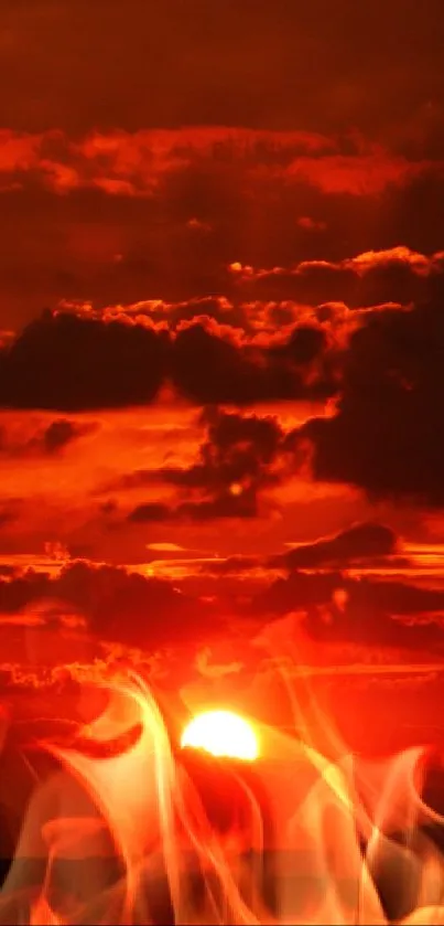 Vibrant red sunset with dramatic clouds.