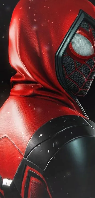 Red and black superhero in striking pose with vivid design.