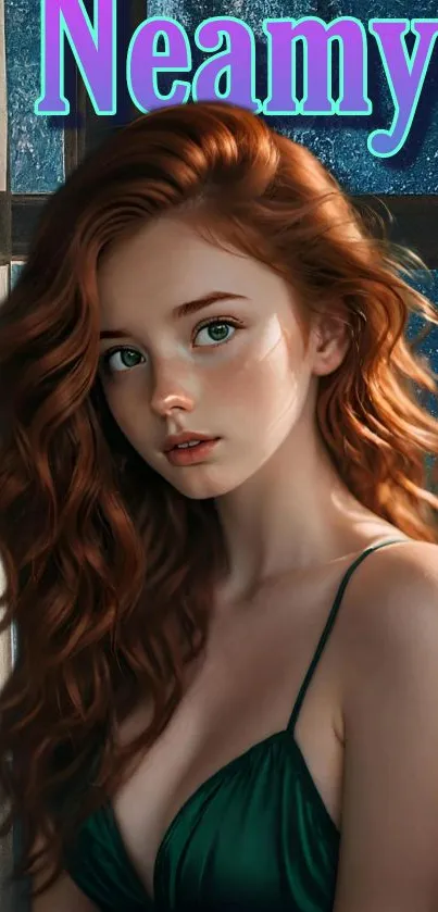 Beautiful redhead in vintage art style with dark teal background.