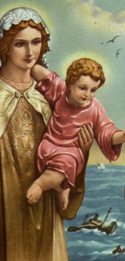 Vintage religious art showcasing serene imagery and vibrant colors.