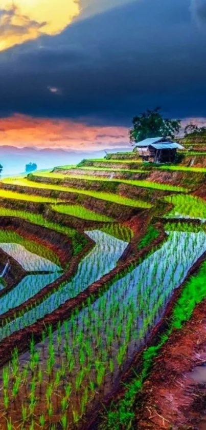 Green terraced rice fields under a colorful sunset sky.