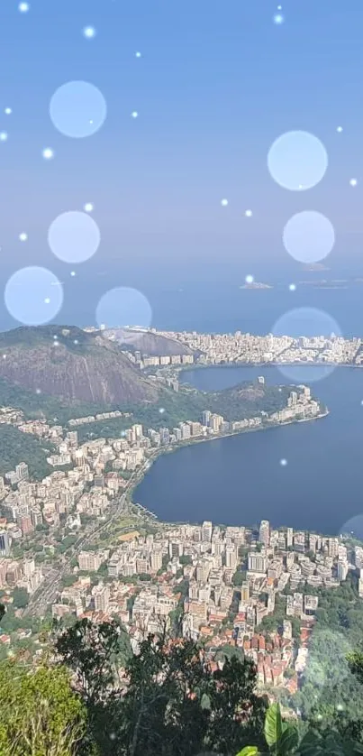 Aerial view of Rio de Janeiro's coastline and cityscape with lush greenery.