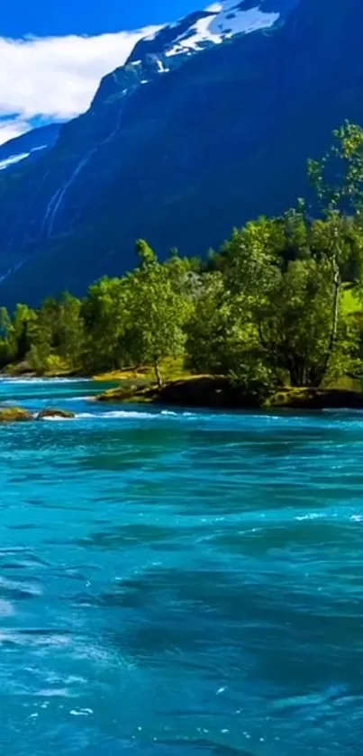 Turquoise river flowing by lush green mountains under a bright sky.