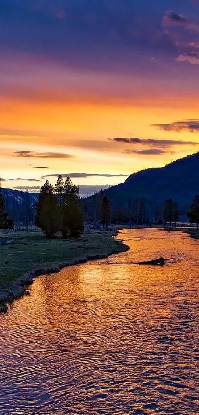 A breathtaking sunset over a tranquil river flowing through lush green forests.