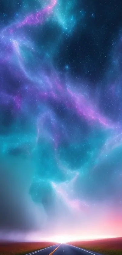 A mystical road leading into a vibrant galaxy night sky.