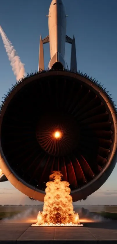 Rocket engine launch with dynamic flames and a twilight sky.