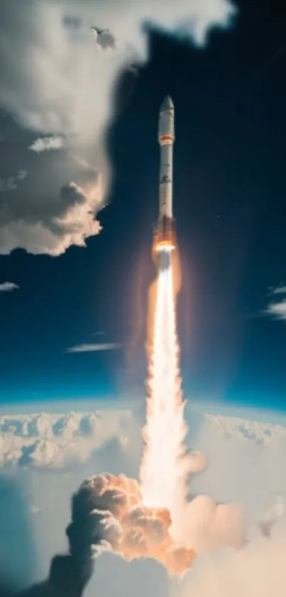 Rocket launching through clouds with plume and dark blue sky background.