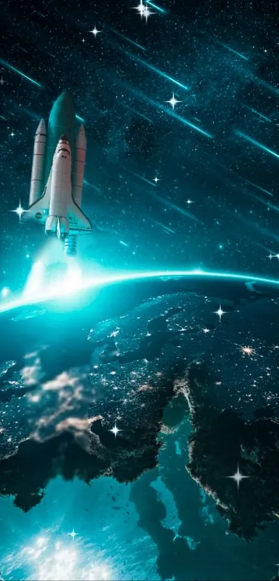 Vibrant mobile wallpaper of rocket launching into space with stars.