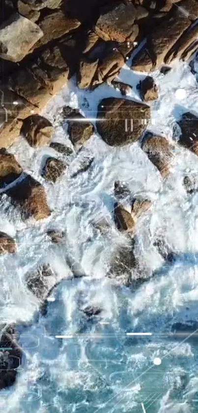 Aerial view of ocean waves crashing on rocky coastline.