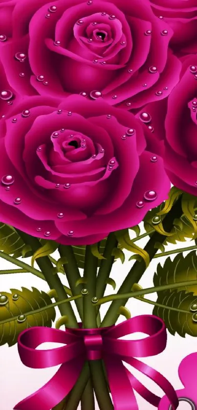 Mobile wallpaper with pink rose bouquet and vibrant green leaves.