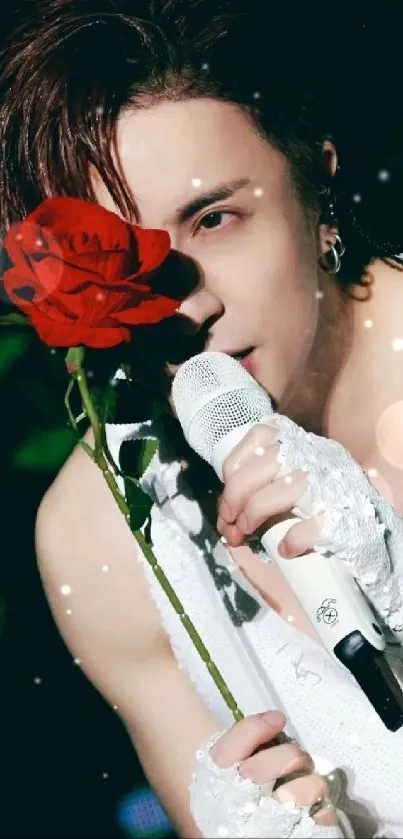 Concert singer holding a red rose in a striking performance.