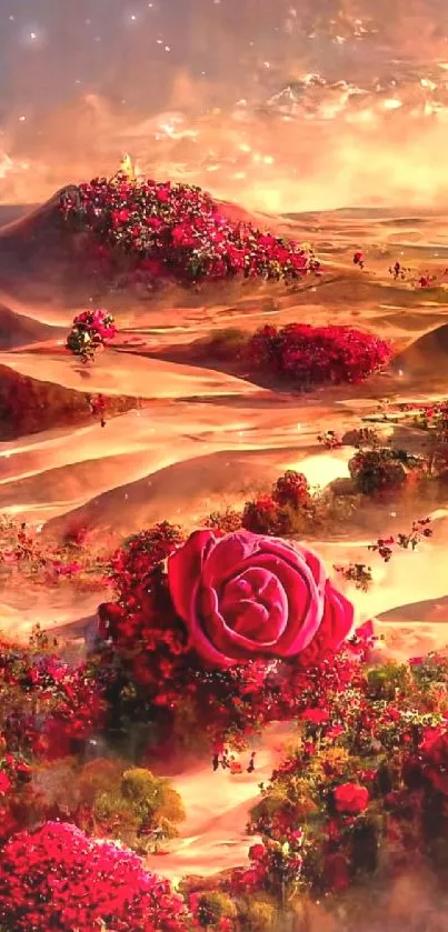 Fantasy landscape with red roses and golden hues for mobile wallpaper.