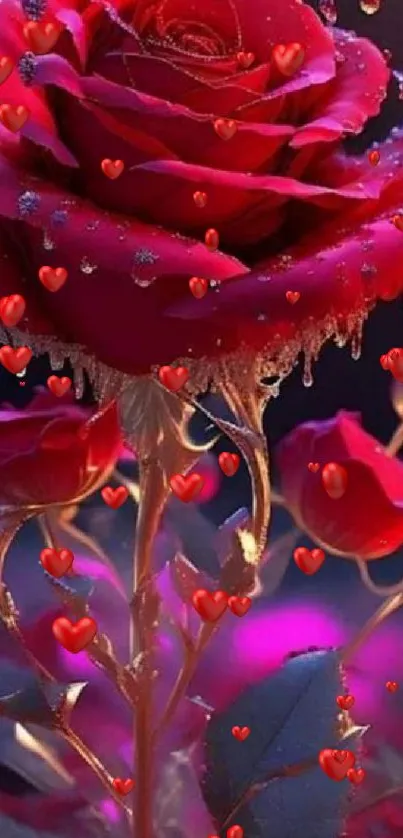 Fantasy wallpaper with a red rose and water droplets.