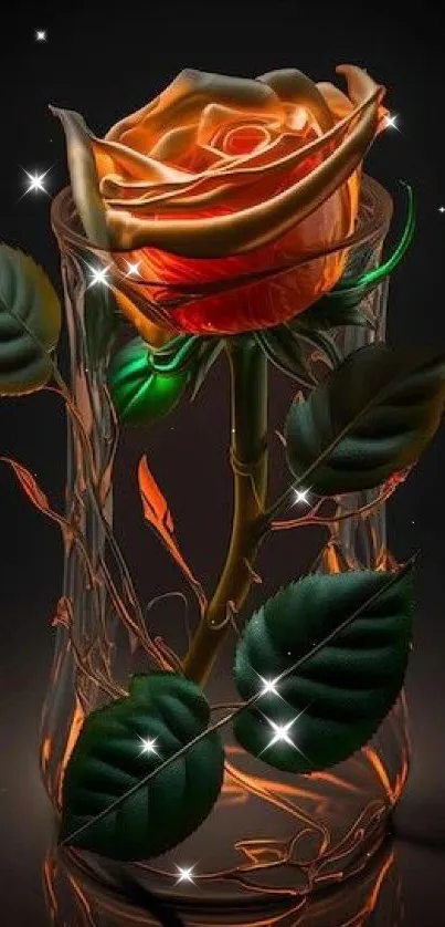 Mobile wallpaper of a rose in a glass vase with dark background.