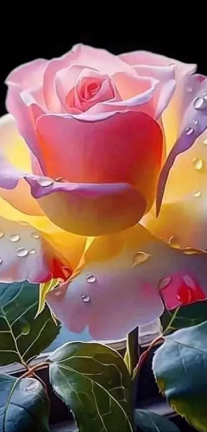 Beautiful rose with droplets on black background.