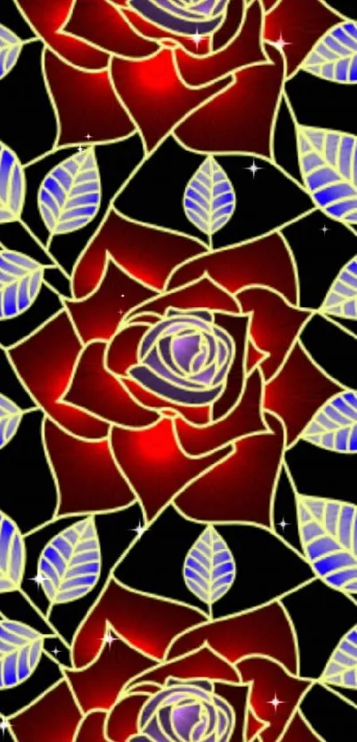 Vibrant red rose pattern with blue leaves on black background.