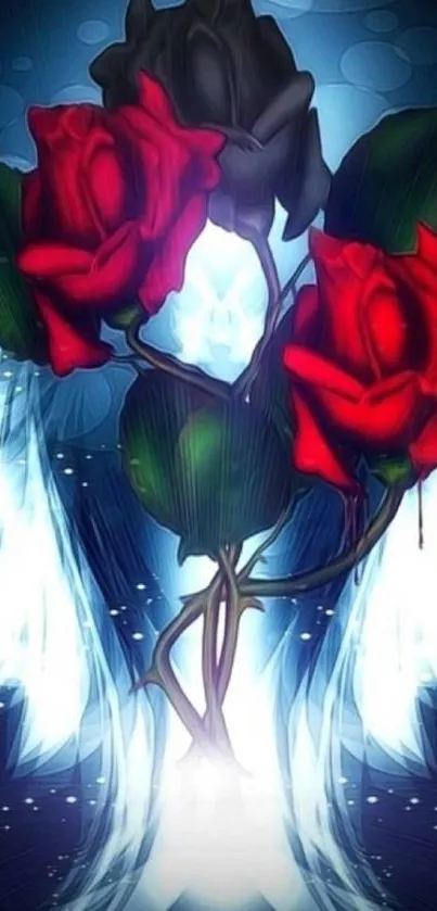 Red roses and white wings on a blue background.